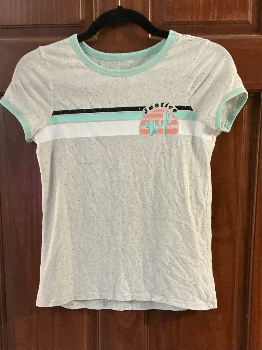 Justice Light Heathered Gray Tee with Mint Trim and Coral Cactus